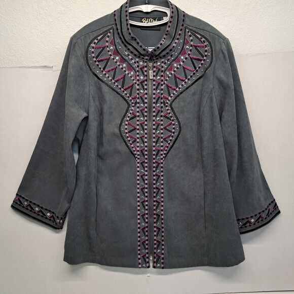 Bob Mackie Jackets & Blazers - BOB MACKIE Wearable Art Gray Embroidered Full Zip Jacket Top Women's Sz 1X